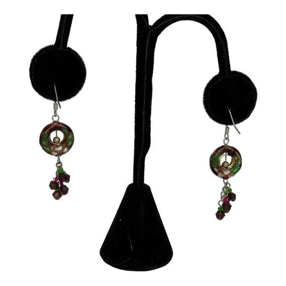 Floral Cloisonne French Hook Earrings Burgandy Green Pink Vintage 1.5" Drop EUC - Picture 2 of 6